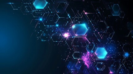 Poster - Abstract blue and purple glowing hexagons on dark background.