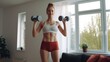 © Iona - A fit redheaded woman confidently lifts dumbbells during her home workout, wearing a white sports bra and red shorts in a bright living room filled with natural light.