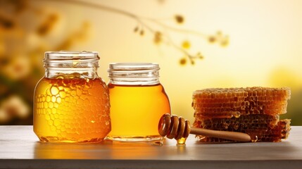 Honey jars and honeycombs are laid on a table with a bright background, capturing the golden hue and sweetness of natural honey.