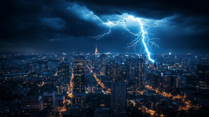 Poster - A city skyline is lit up at night with a bright lightning bolt in the sky