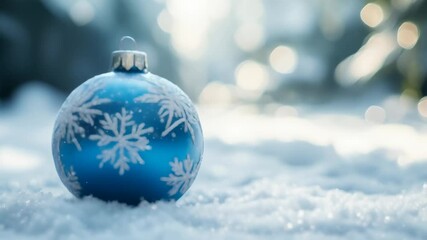 Poster - Blue christmas bauble with white snowflake designs rests on a snow covered surface with a snowy forest in the background. The sunlight creates a bokeh effect in the background