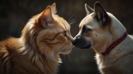 Wall Mural - A ginger cat and a light brown dog with a red collar face each other with their noses touching.