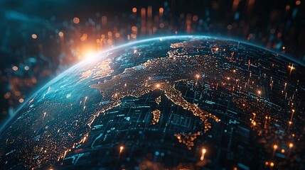 3d global map with blue ocean, rotating earth globe with glowing stars against black space backgroun