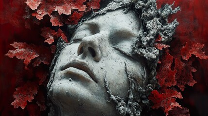 Canvas Print - Stone Face with Red Leaves: A Surreal Sculpture