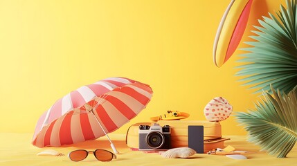 Summer vacation concept, Beach umbrella and travel accessories on yellow background, 3d illustration. 