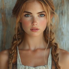 Wall Mural - Stunning Portrait of a Young Woman with Blonde Braids and Green Eyes