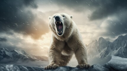 a majestic polar bear roars powerfully, standing on rocky terrain against a dramatic, snowy backdrop