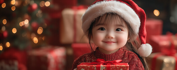 Wall Mural - Cute smiling asian baby girl in Santa Claus cap holding christmas present with christmas boxes and tree as background. Banner with copyspace. Shallow depth of field