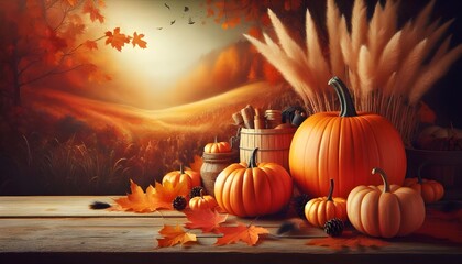 Poster - Autumn background with pumpkins on a wooden table and copy space for product display presentation, Halloween concept backdrop with a nature-inspired fall landscape