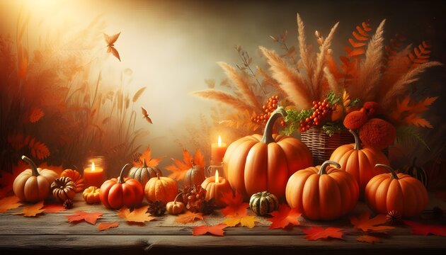 Autumn background with pumpkins on a wooden table and copy space for product display presentation, Halloween concept backdrop with a nature-inspired fall landscape