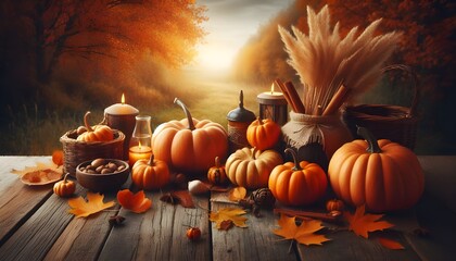 Poster - Autumn background with pumpkins on a wooden table and copy space for product display presentation, Halloween concept backdrop with a nature-inspired fall landscape
