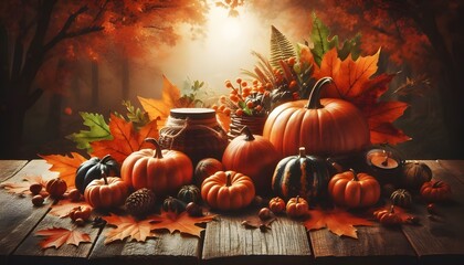 Poster - Autumn background with pumpkins on a wooden table and copy space for product display presentation, Halloween concept backdrop with a nature-inspired fall landscape
