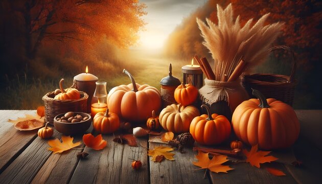 Autumn background with pumpkins on a wooden table and copy space for product display presentation, Halloween concept backdrop with a nature-inspired fall landscape