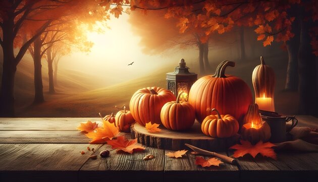 Autumn background with pumpkins on a wooden table and copy space for product display presentation, Halloween concept backdrop with a nature-inspired fall landscape