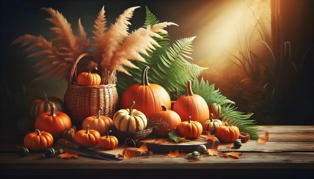 Autumn background with pumpkins on a wooden table and copy space for product display presentation, Halloween concept backdrop with a nature-inspired fall landscape