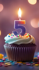 Birthday cupcake with lit birthday candle. Number five for five years or fifth anniversary.