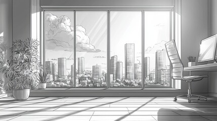 Poster - Minimalist Line Art of Office Space with City View