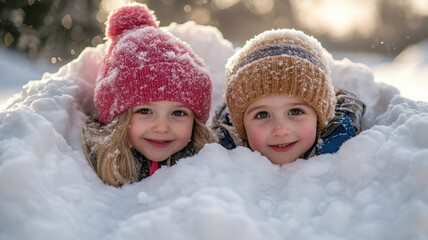 Two cheerful children playing in snow, wearing colorful winter hats.