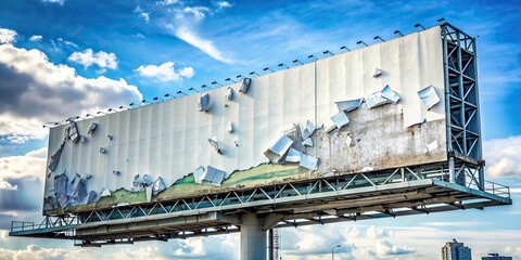 Wide-angle billboard with remnants of layered advertising signage torn and peeled off