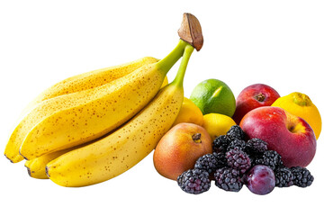 Poster - Whole ripe banana next to a variety of colorful fruits ,Isolated on transparent background