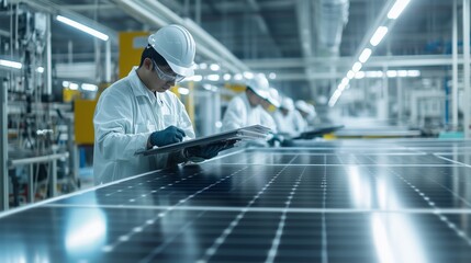 Poster - workers inspect solar panels in a production facility during daytime hours to ensure quality and eff