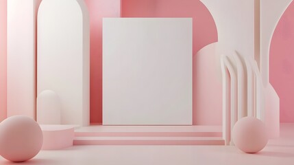 3d rendering white pink scene blank frame user interface abstract geometric shape. 