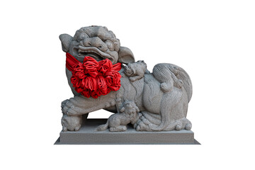 A traditional stone guardian lion adorned with a vibrant red ribbon, symbolizing protection and prosperity. stone lion, stone sculpture, asian culture, stone sculpture for Home