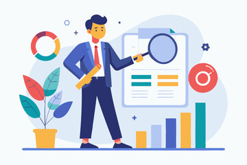 Poster - Data analysis chart and report, financial research or analyze information for marketing insight, analytics or optimization diagram, smart information, businessman analyze data with magnifying glass.