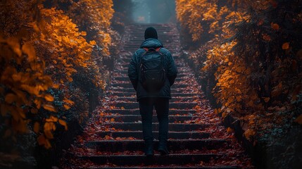 Sticker - Autumn Foggy Forest Path: A Solitary Hike Through Golden Leaves