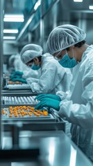 Sticker - Workers in protective gear carefully sorting pharmaceutical products in a sterile manufacturing facility during daytime