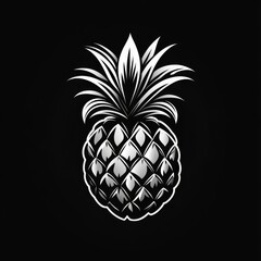 Wall Mural - A single pineapple fruit illustration in silver on a black background.