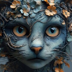 Poster - Enchanted Cat Sculpture: A Whimsical Floral Creation