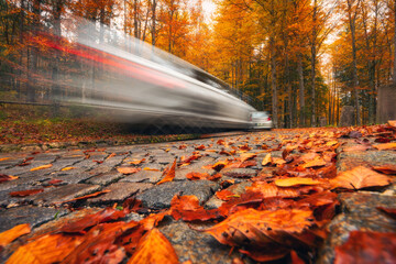 Poster - Blurred car on winding cobblestone road in forest in autumn