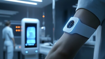 Poster - A sleek, innovative health monitoring device is worn on the wrist, displaying vital health data