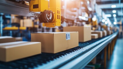 Poster - automated conveyor belt with robotic arm sorting packages in a modern distribution center during day