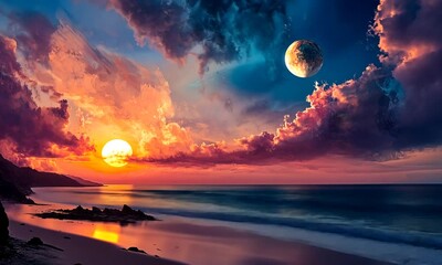 Wall Mural - Sunset Over the Ocean With Two Moons