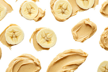 Poster - Sliced banana with creamy peanut butter spread ,Isolated on transparent background