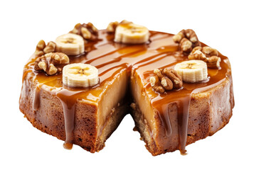 Poster - Sliced banana cake topped with caramel drizzle and nuts ,Isolated on transparent background