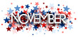 © Vjom - Bold November text surrounded by dark blue, light blue, dark red, light red, and red stars. Perfect for US election-related themes or November celebrations.