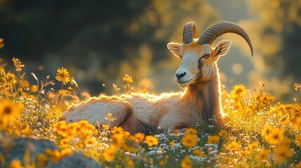 a mouflon peacefully resting in a lush green meadow its majestic horns elegantly displayed against a