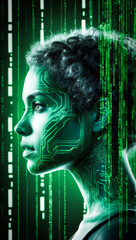 Poster - A side profile of a woman wearing high tech accesories, against a futuristic background