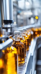 Sticker - Production line of amber bottles being filled with liquid at a manufacturing facility during daylight hours