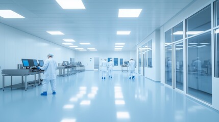 Poster - researchers conduct experiments in a cleanroom laboratory setting during daytime, ensuring controlle