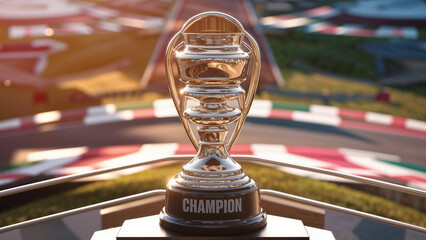 Car Race championship trophy on podium with blurred circuit background