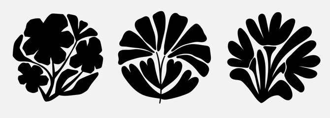 Wall Mural - set of groovy black flower plant. circle botanical shape in modern style. curvy psychedelic summer f