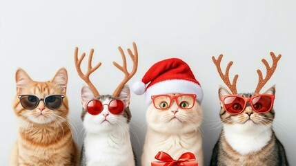 Four adorable cats dressed in festive outfits with sunglasses and holiday accessories, ready for a fun celebration.