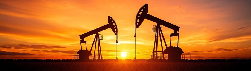 Silhouettes of oil pumps at sunset, illustrating the energy industry and natural resource exploration in a dramatic landscape.