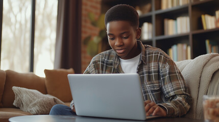 Poster - Young black student doing homework and researching on laptop at home