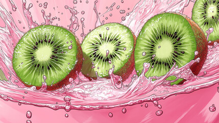 Poster - Sliced kiwi fruit splashing in pink liquid