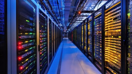 Poster - A corridor lined with server racks, illuminated by colorful lights, showcasing a data center.